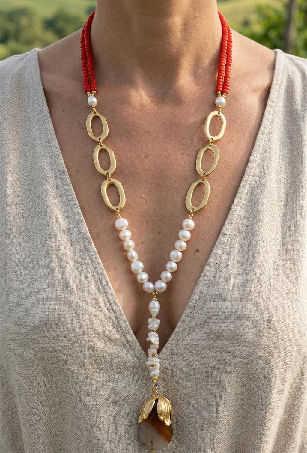 Handmade Pearl Agate Mother of Pearl Necklace, Gold Plated Boho Elegant Jewelry
