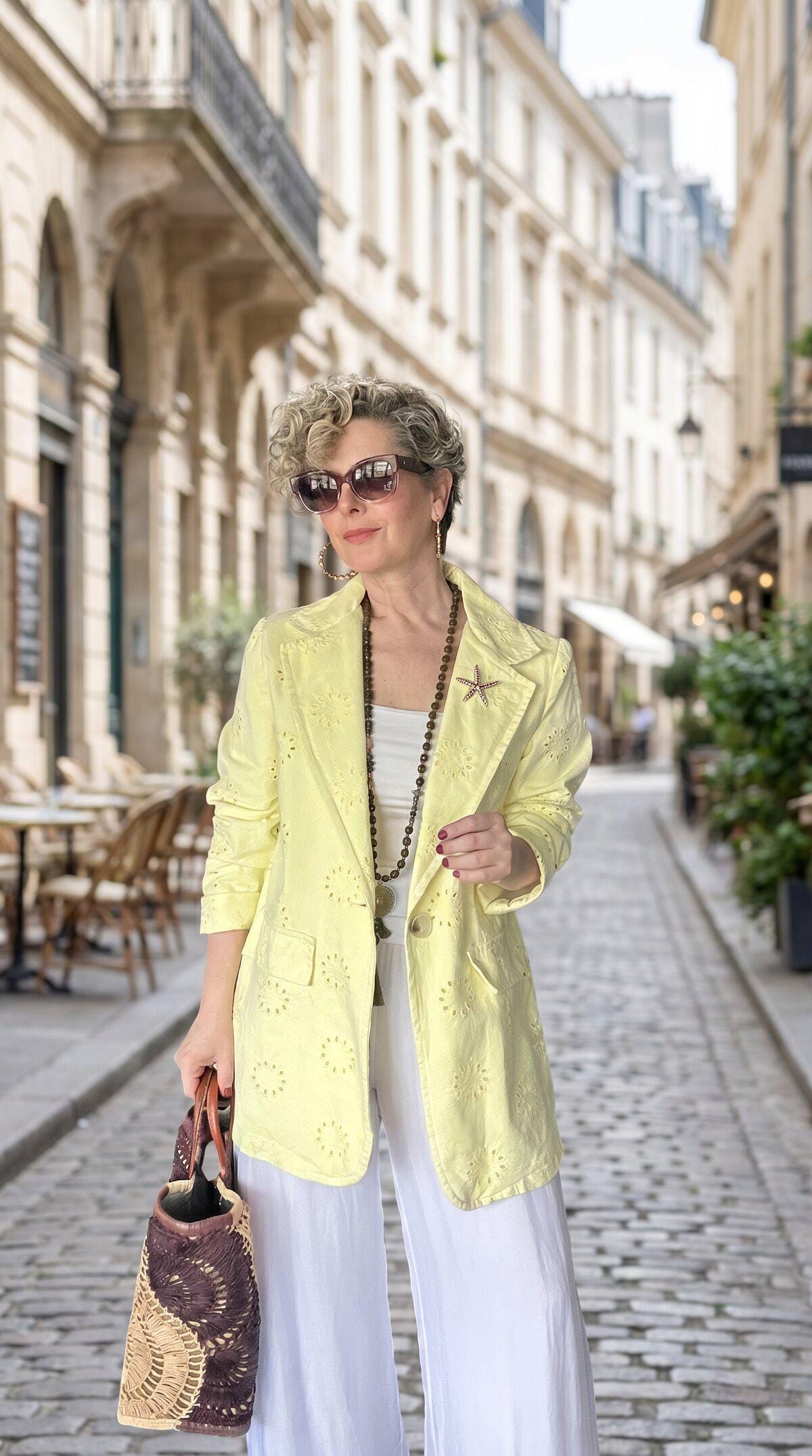 Yellow Cotton Blazer with Broderie Embroidery & Starfish Brooch