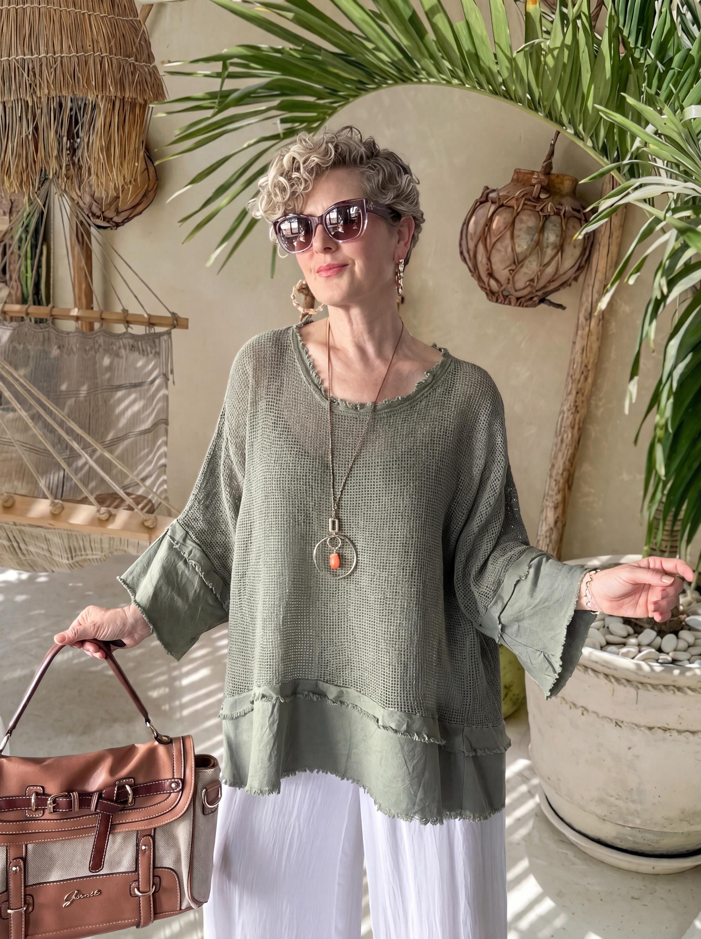 Oversized Mesh Tunic Set, Wide Sleeve Boho Layering Top, Plus Size Cami Blouse, Necklace Included