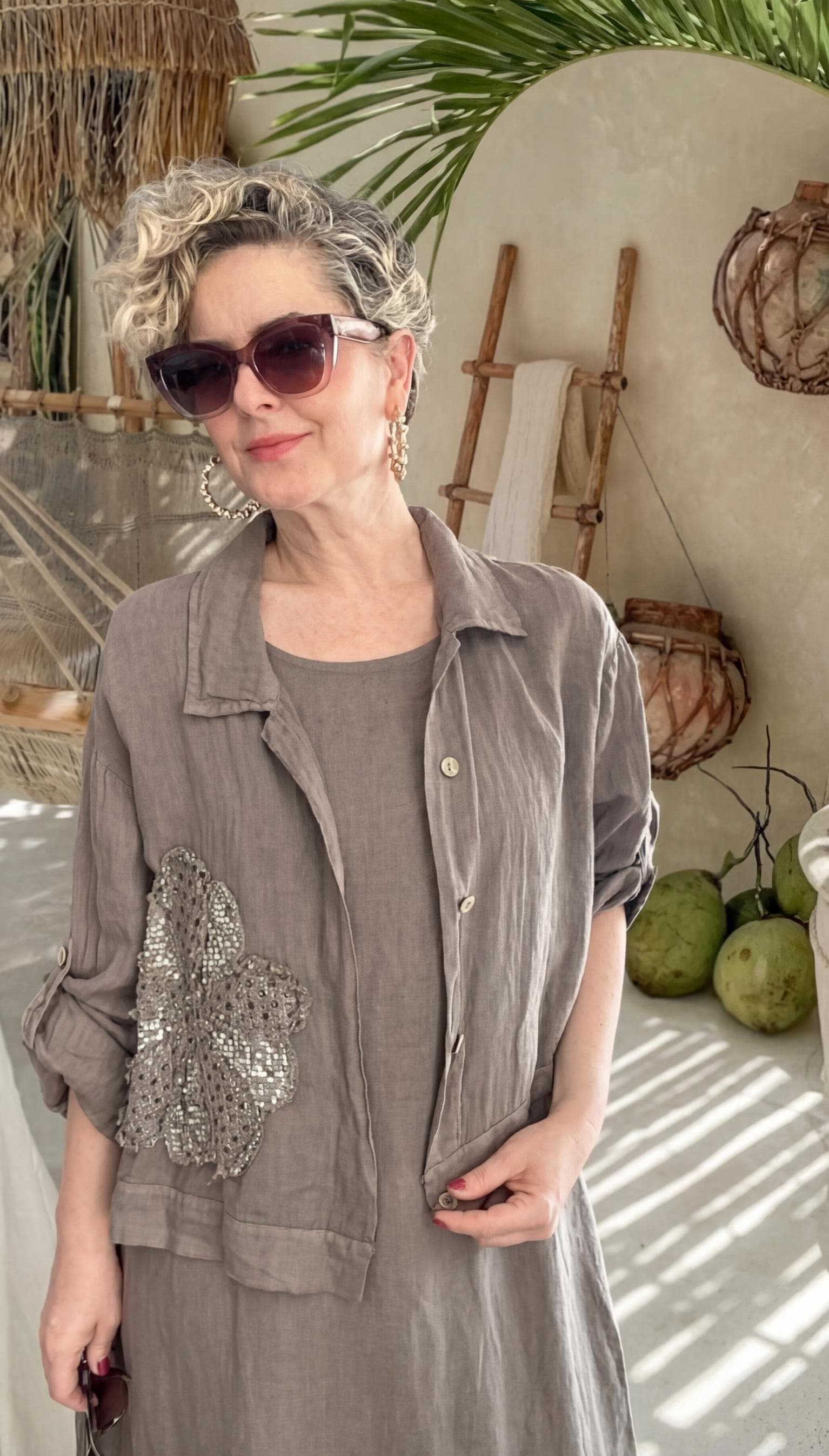 Italian Linen Maxi Dress and Cropped Jacket Set, Daisy Motif Resort Wear