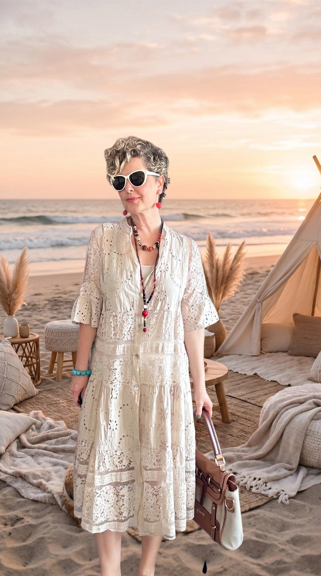 Italian Embroidered Shirt Dress Beige