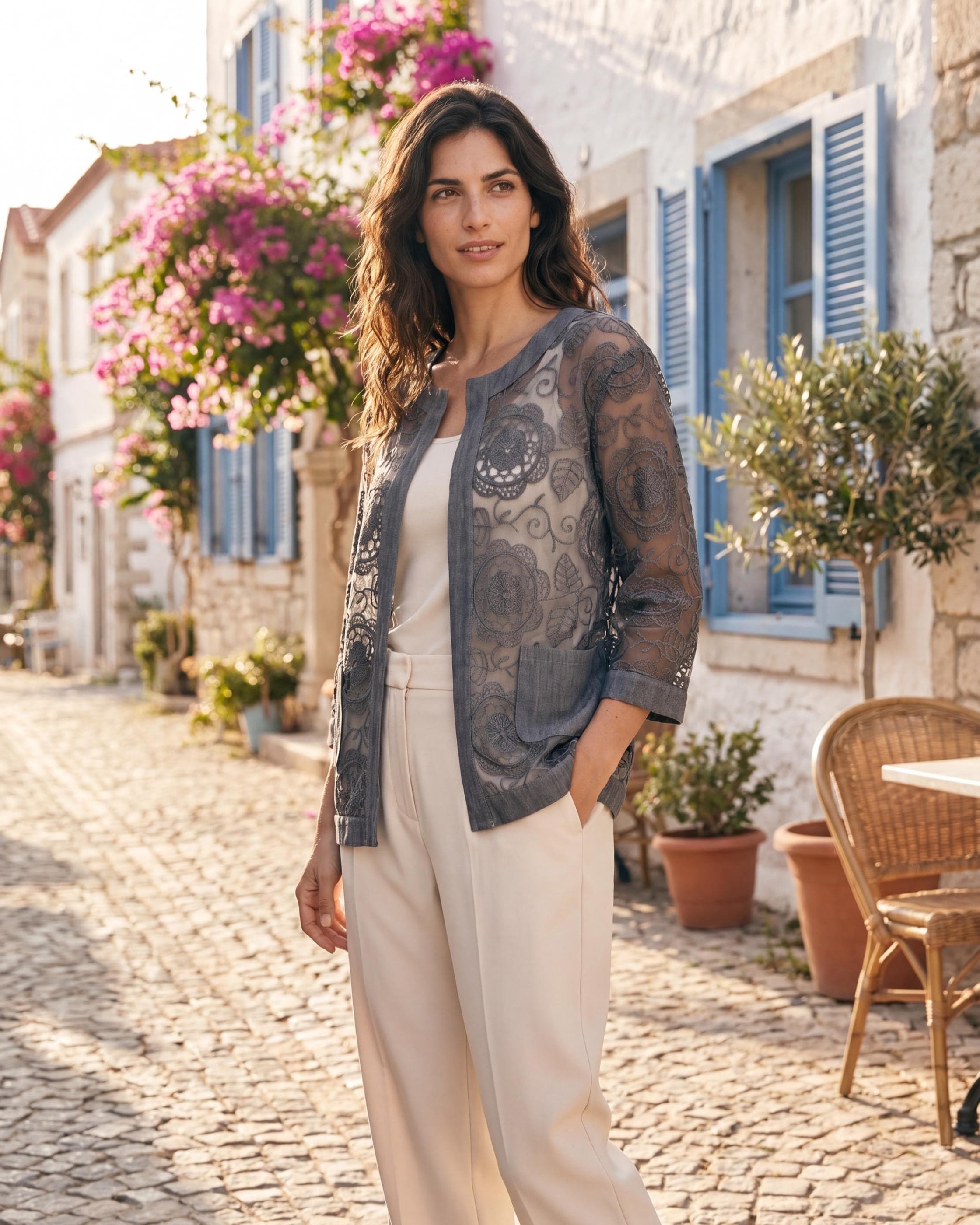 Lunna Italian Lace Embroidered Jacket Indigo, Oversized Cotton Boho Jacket, Chic Lightweight Summer Layer