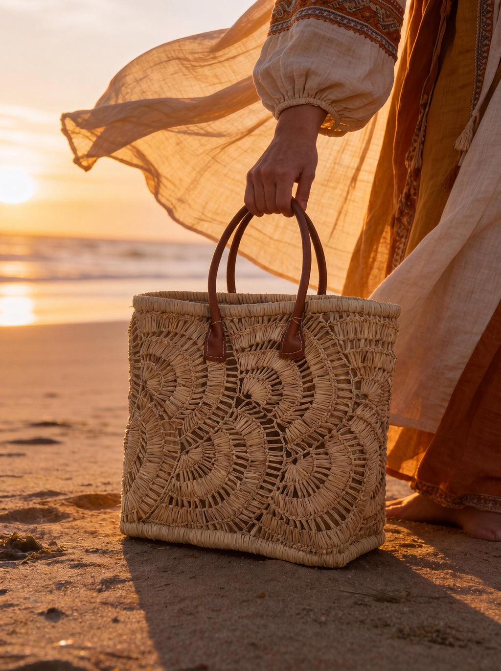 Hand-Crocheted Raffia Tote Bag, Woven Straw Shoulder Bag, Leather Handle Boho Purse