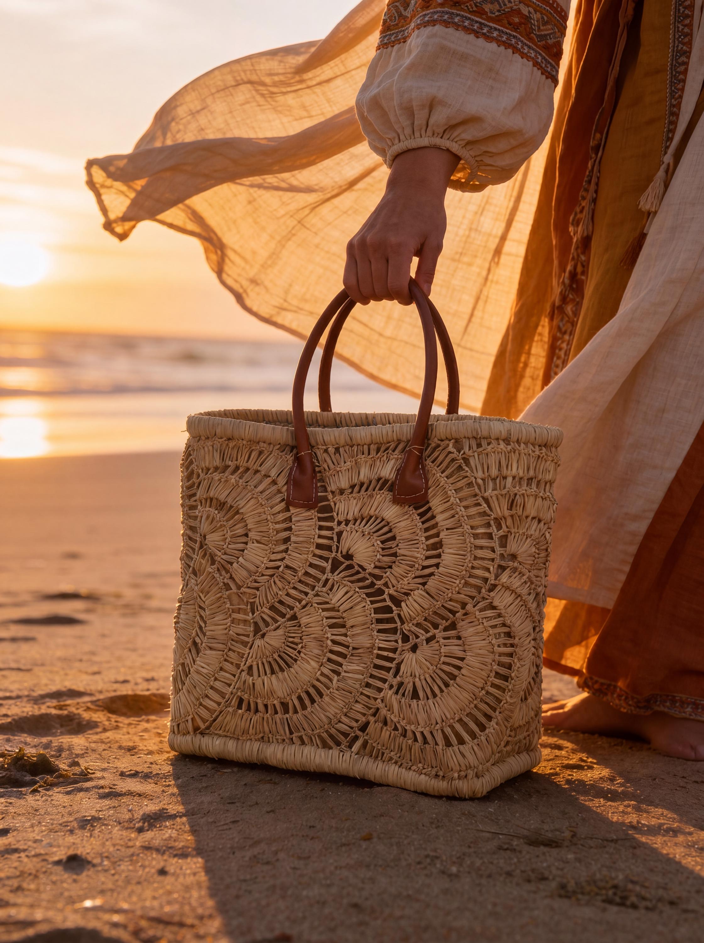 Hand-Crocheted Raffia Tote Bag, Woven Straw Shoulder Bag, Leather Handle Boho Purse