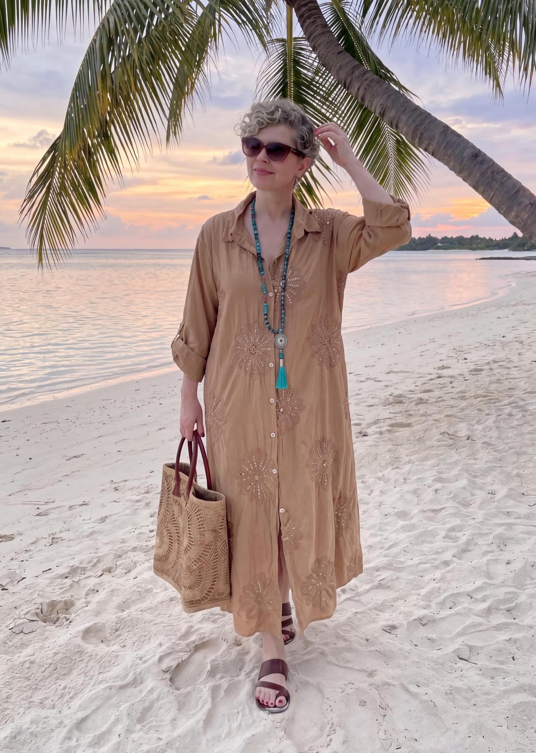 Italian Cotton Sequin Embroidered Shirt Dress, Beach Cover Up Kaftan, Resort Wear