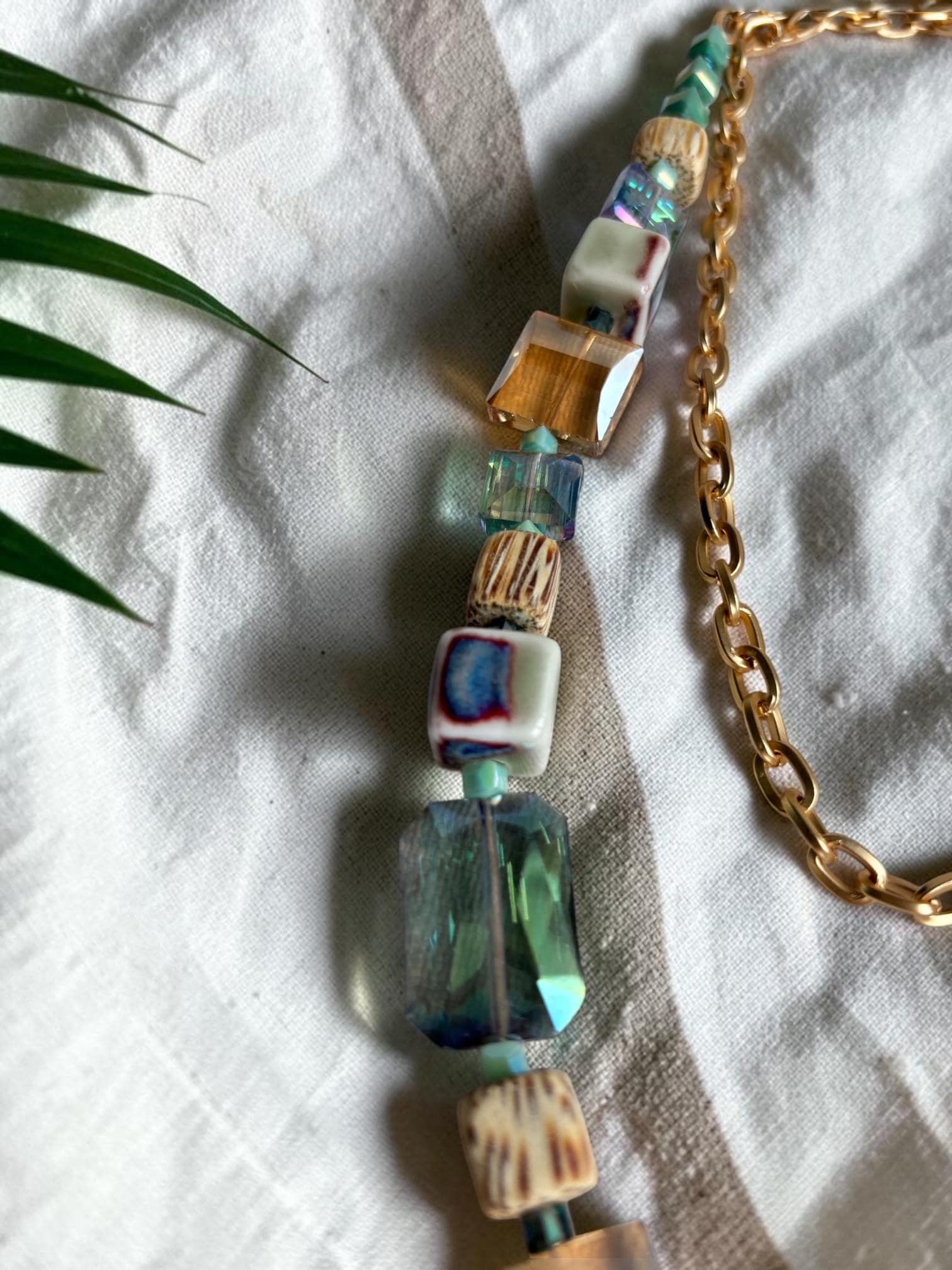 Handmade Prague Glass Stone Necklace, Boho Colorful Statement Jewelry, Artisan Beaded Design