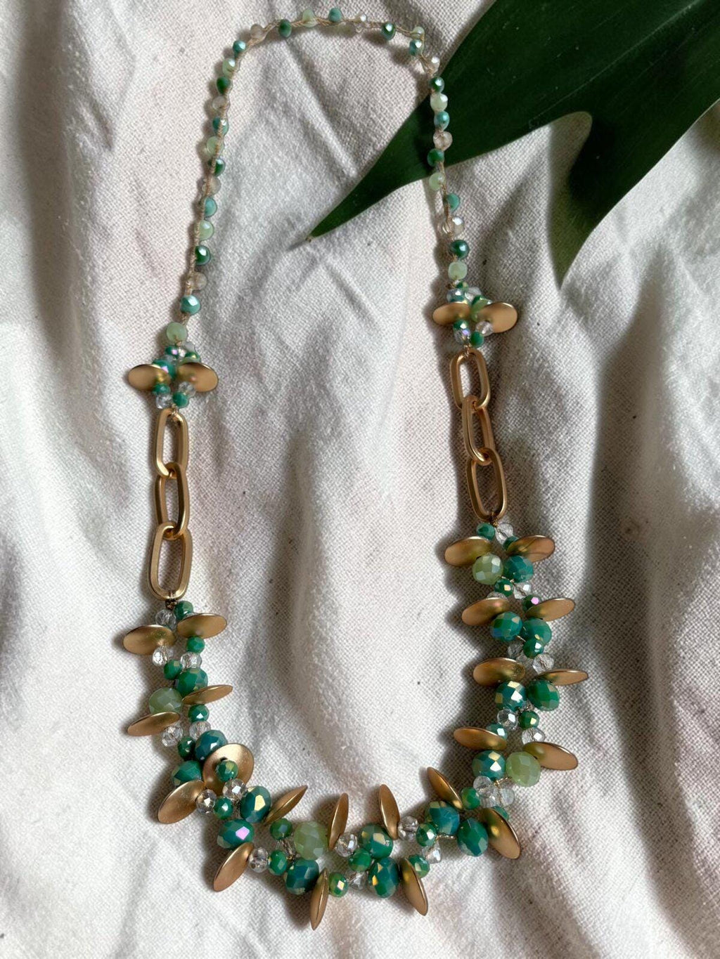 Boho Glass Beaded Necklace, Hand-Knitted Cord, Artisan Jewelry Style
