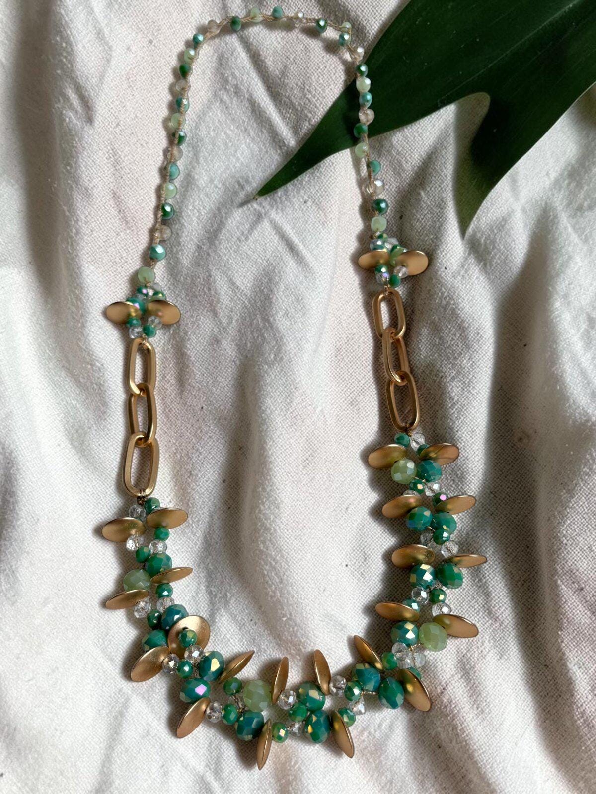Boho Glass Beaded Necklace, Hand-Knitted Cord, Artisan Jewelry Style