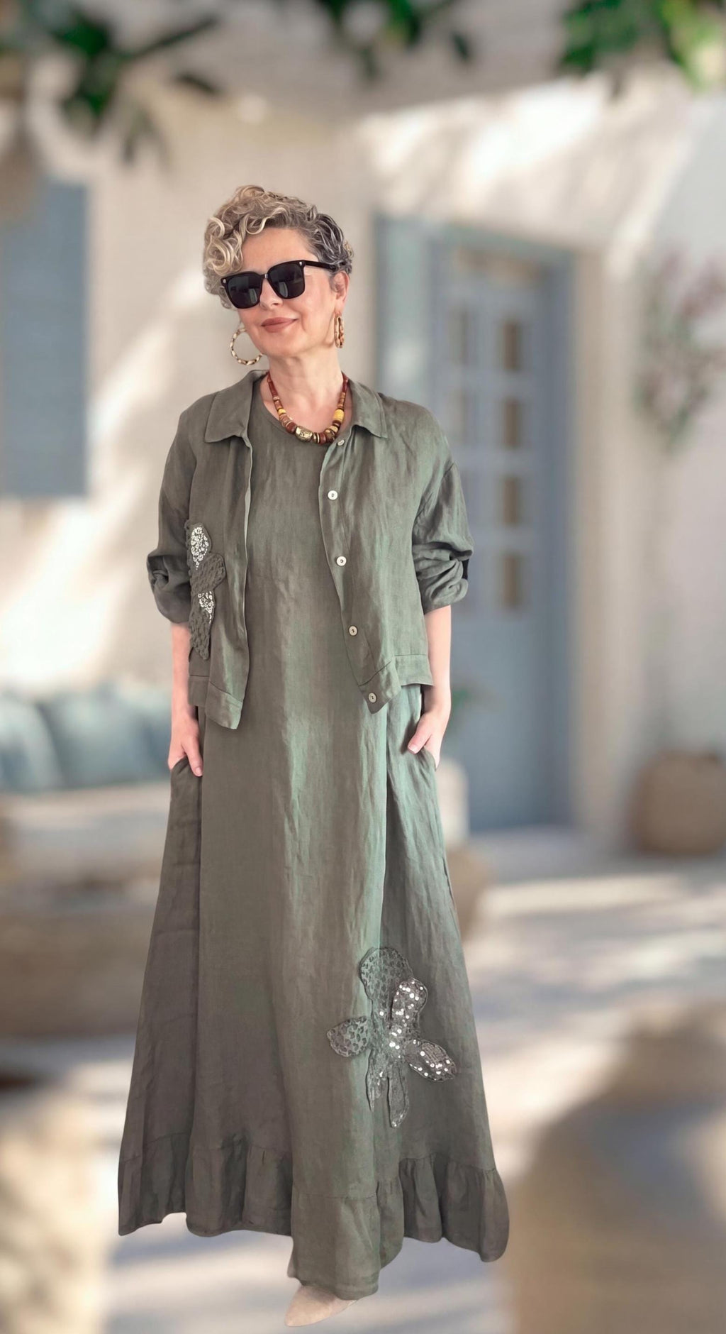 Italian Linen Maxi Dress and Cropped Jacket Set, Daisy Motif Resort Wear