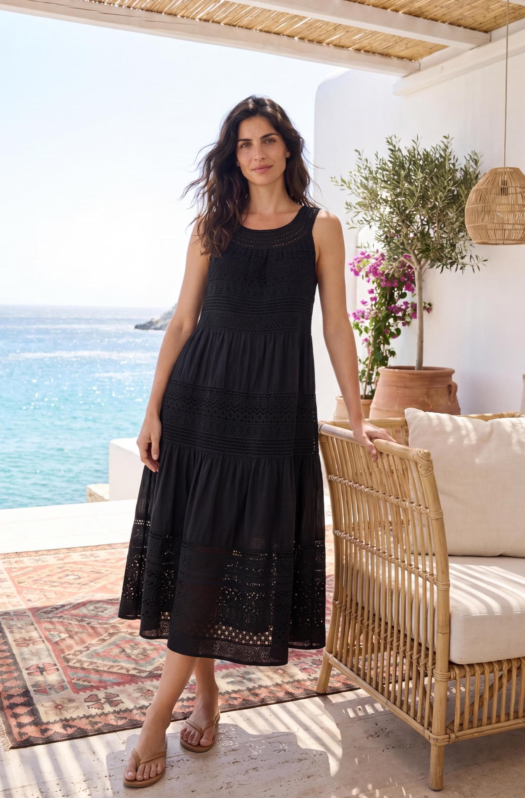 Italian Cotton Lace Midi Dress for Women, Boho Romantic Cottagecore Summer Dress