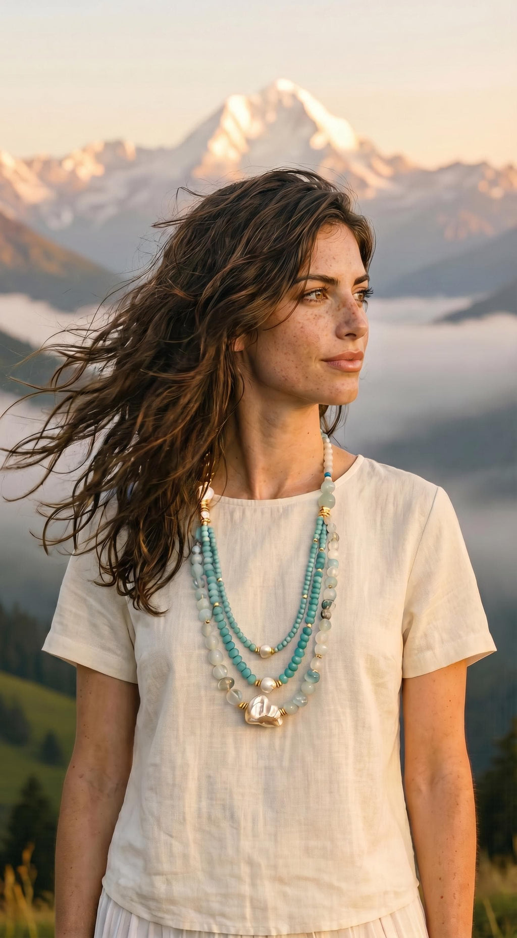 Bohemian Handmade Gold Plated Necklace with Topaz, Aquamarine & Baroque Pearl – Unique Statement Jewelry
