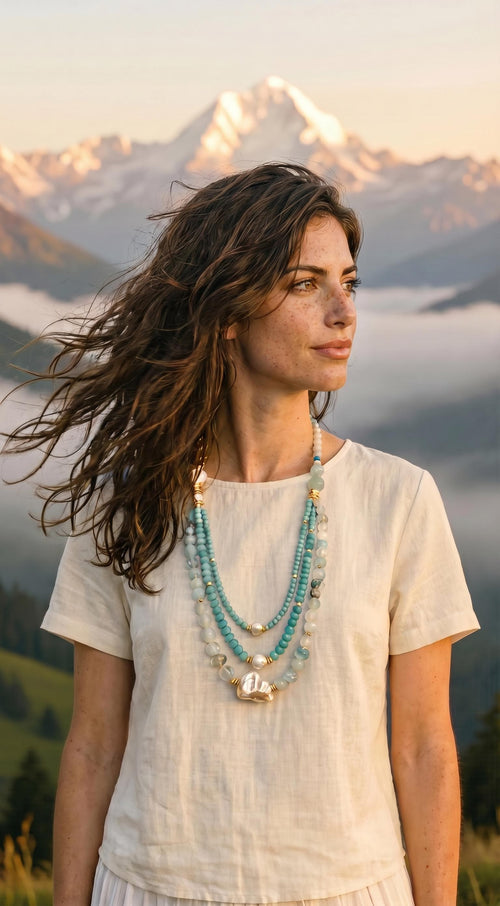 Bohemian Handmade Gold Plated Necklace with Topaz, Aquamarine & Baroque Pearl – Unique Statement Jewelry
