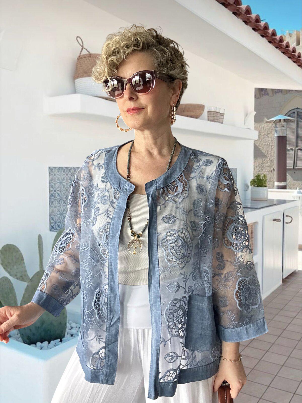 Lunna Italian Lace Embroidered Jacket Indigo, Oversized Cotton Boho Jacket, Chic Lightweight Summer Layer