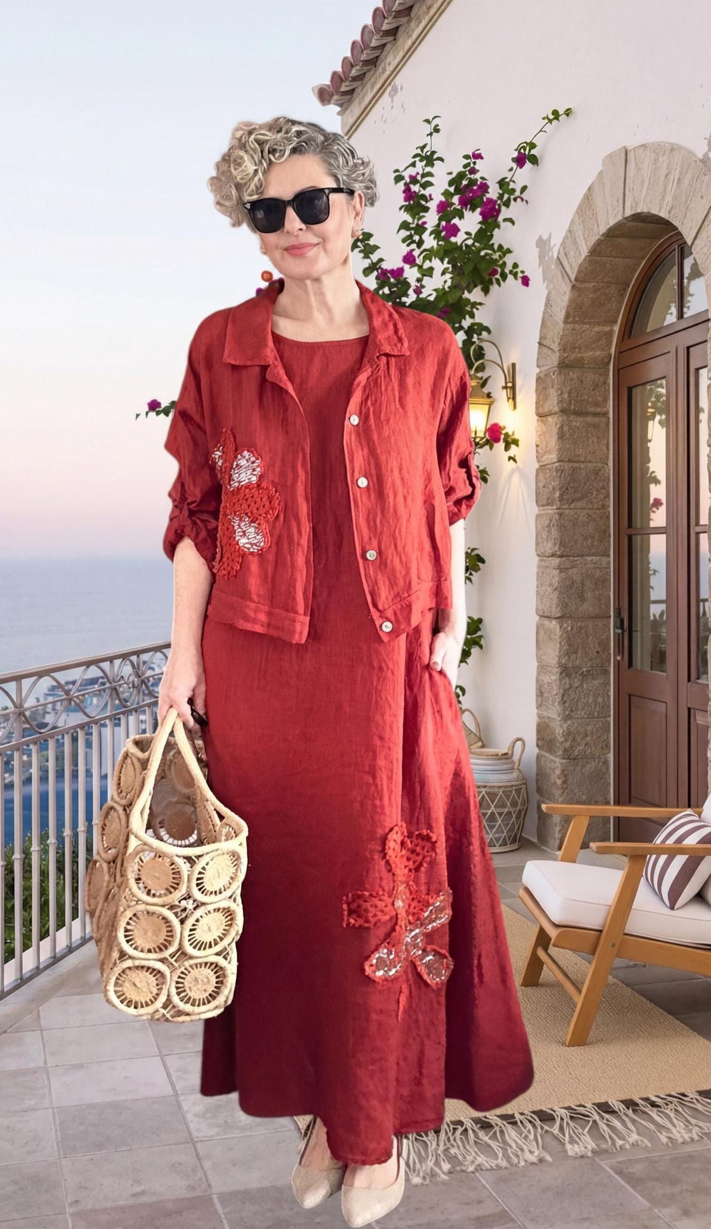 Italian Linen Maxi Dress and Cropped Jacket Set, Daisy Motif Resort Wear
