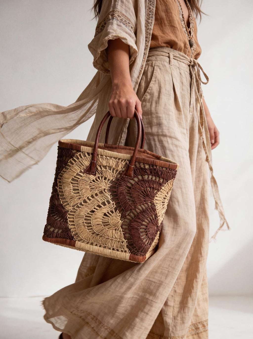 Hand-Crocheted Raffia Tote Bag, Woven Straw Shoulder Bag, Leather Handle Boho Purse