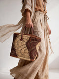 Hand-Crocheted Raffia Tote Bag, Woven Straw Shoulder Bag, Leather Handle Boho Purse