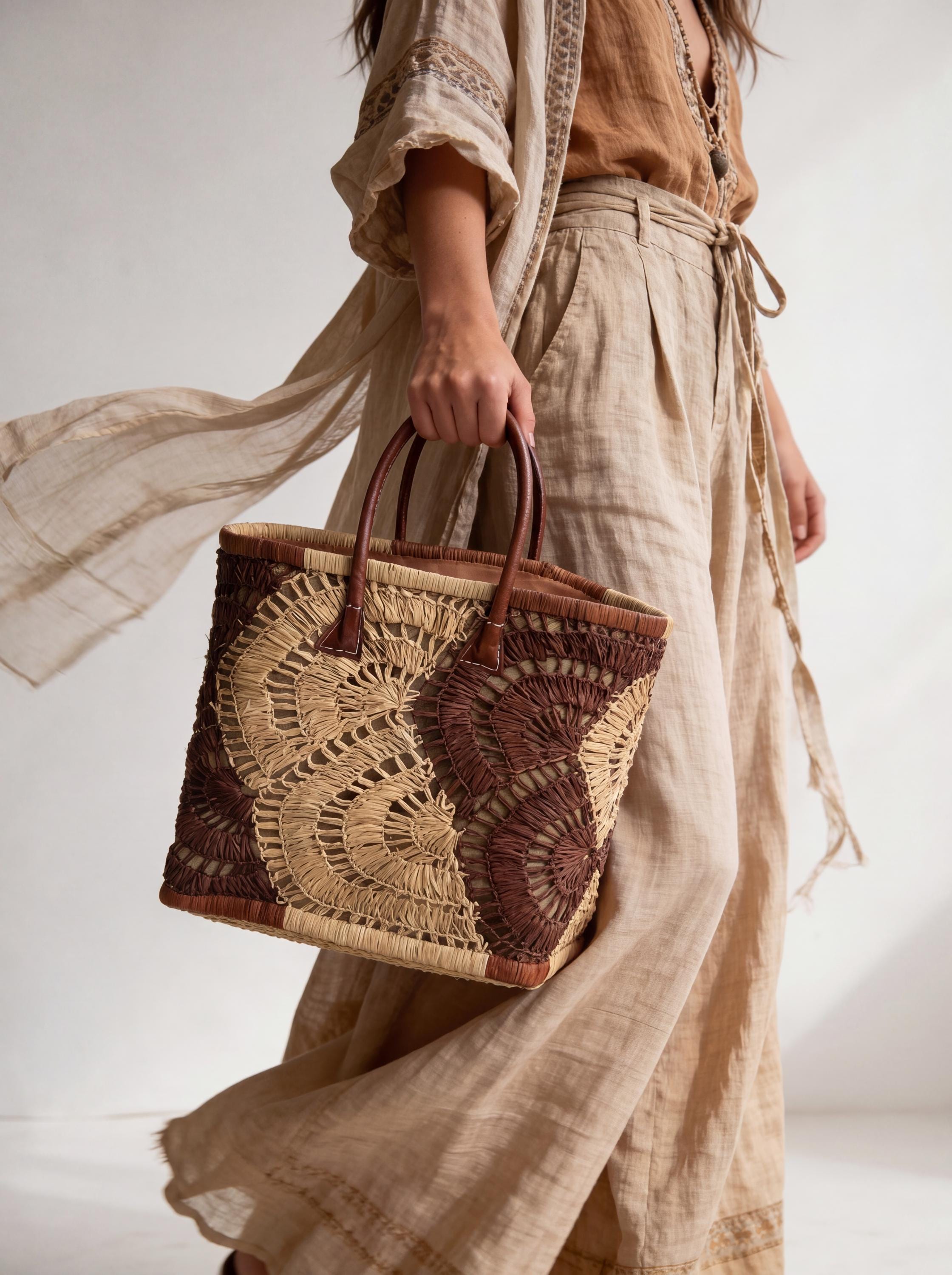 Hand-Crocheted Raffia Tote Bag, Woven Straw Shoulder Bag, Leather Handle Boho Purse