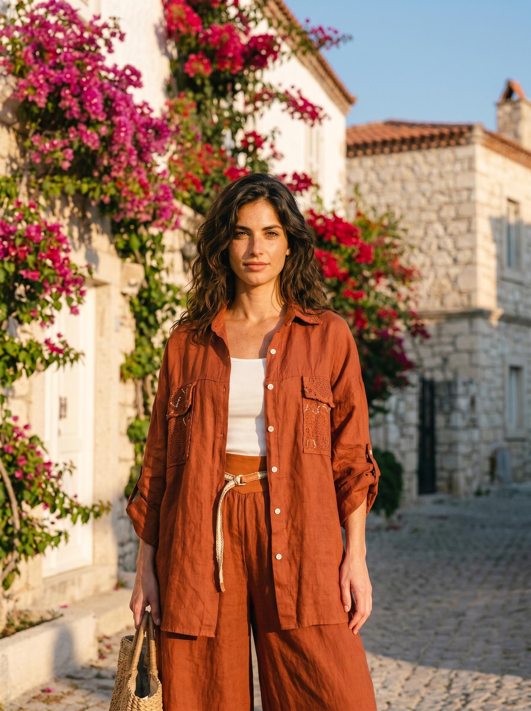 Italian Linen Set, Mesh Sequin Shirt Jacket and Pants, One Size