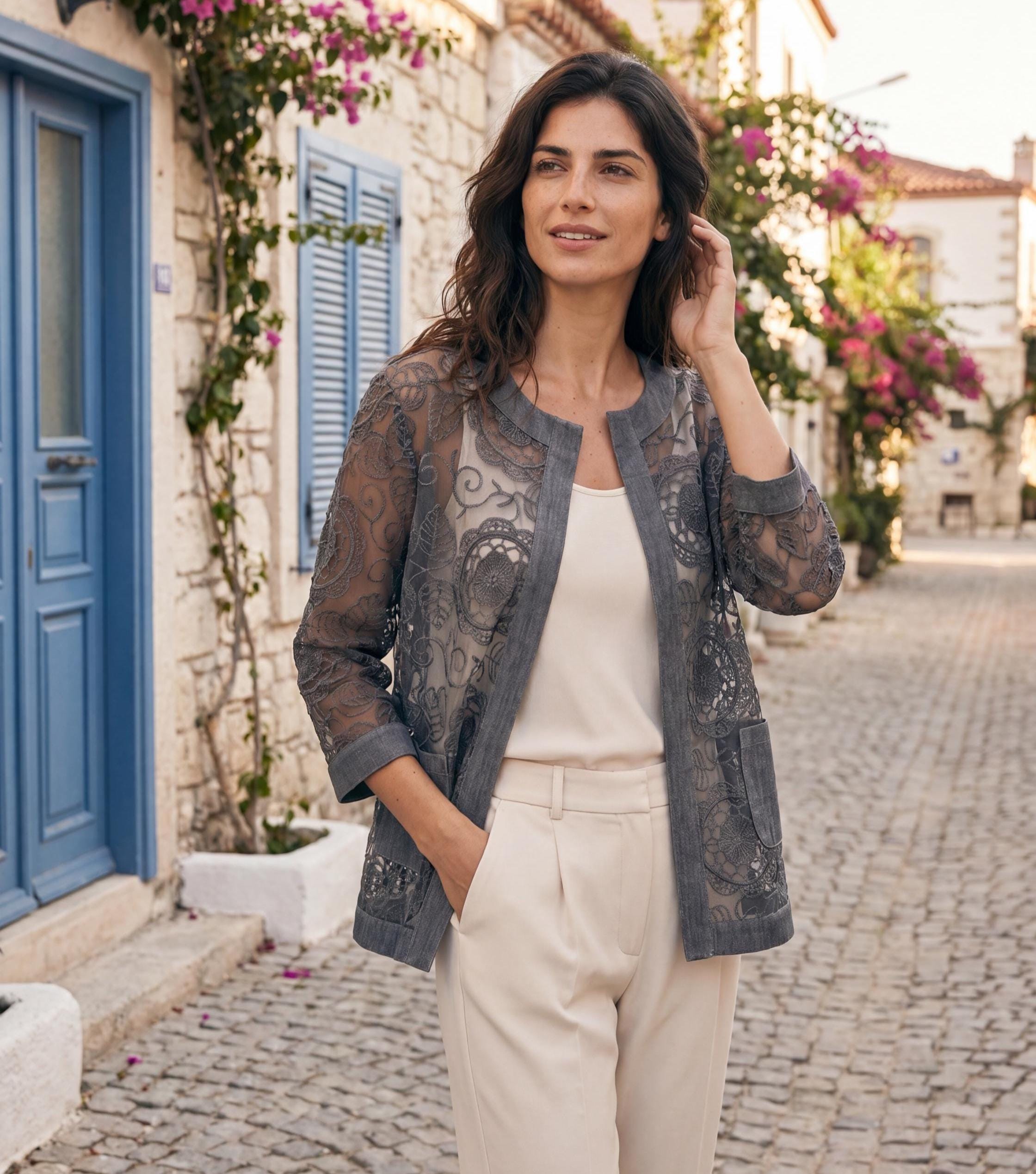 Lunna Italian Lace Embroidered Jacket Indigo, Oversized Cotton Boho Jacket, Chic Lightweight Summer Layer