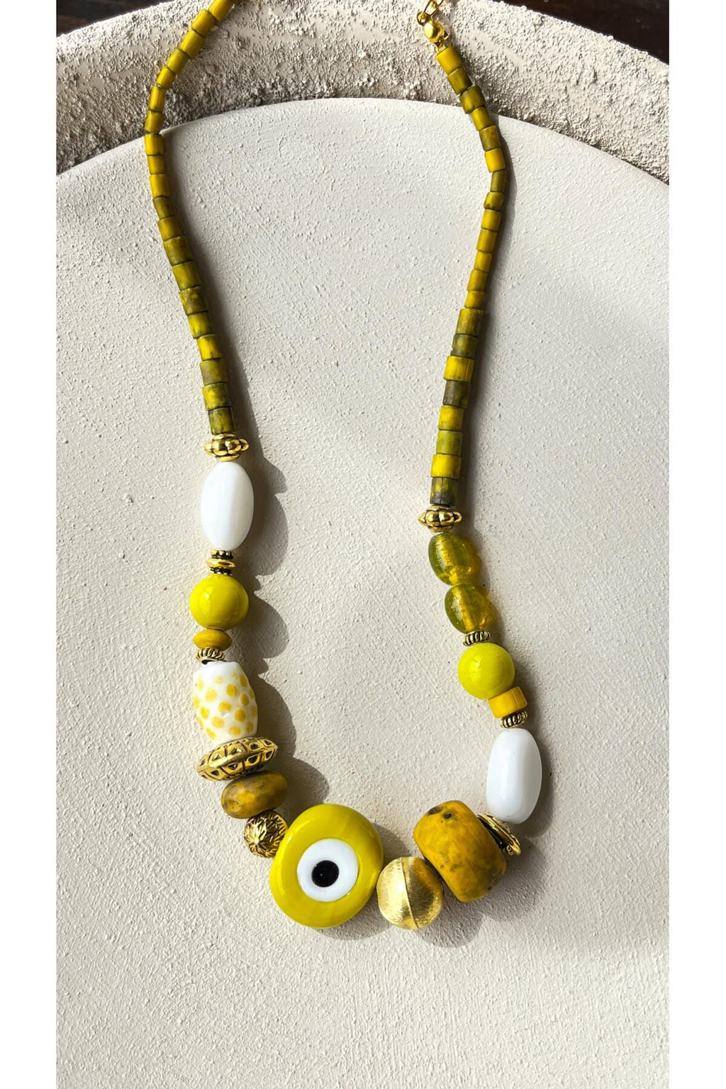 Boho Ethnic Brass & Glass Beaded Necklace – Handmade – Evil Eye Detail