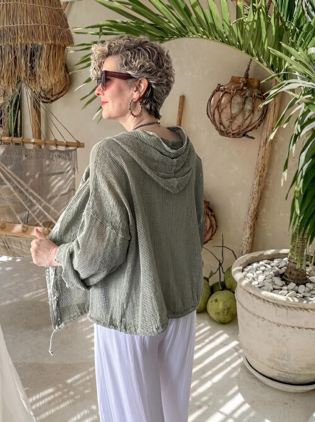 Italian Cotton Hooded Mesh Cardigan, Sequin Trim Open Weave Jacket, Boho Beach Cover Up, Lightweight Summer Kimono, Made in Italy