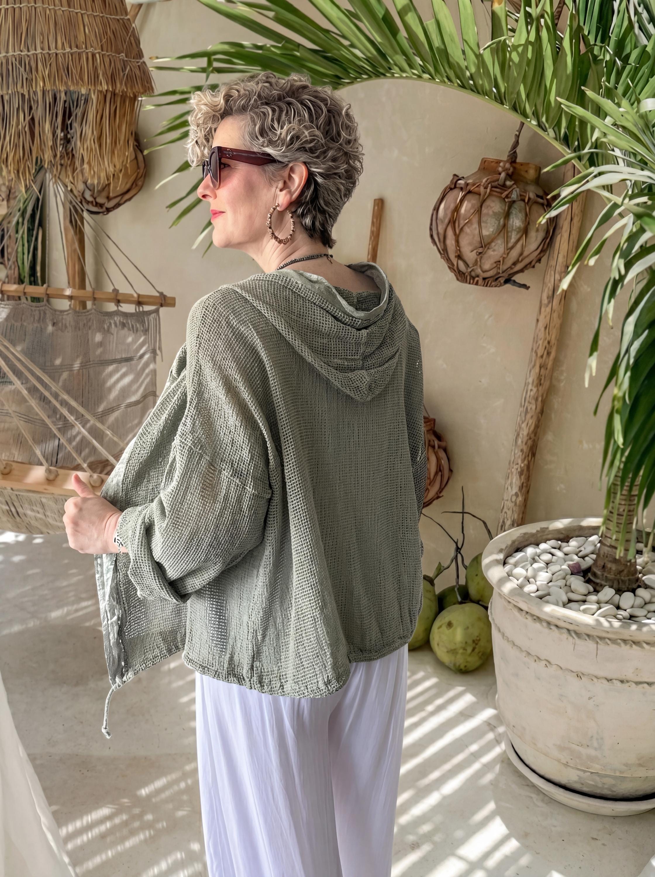 Italian Cotton Hooded Mesh Cardigan, Sequin Trim Open Weave Jacket, Boho Beach Cover Up, Lightweight Summer Kimono, Made in Italy