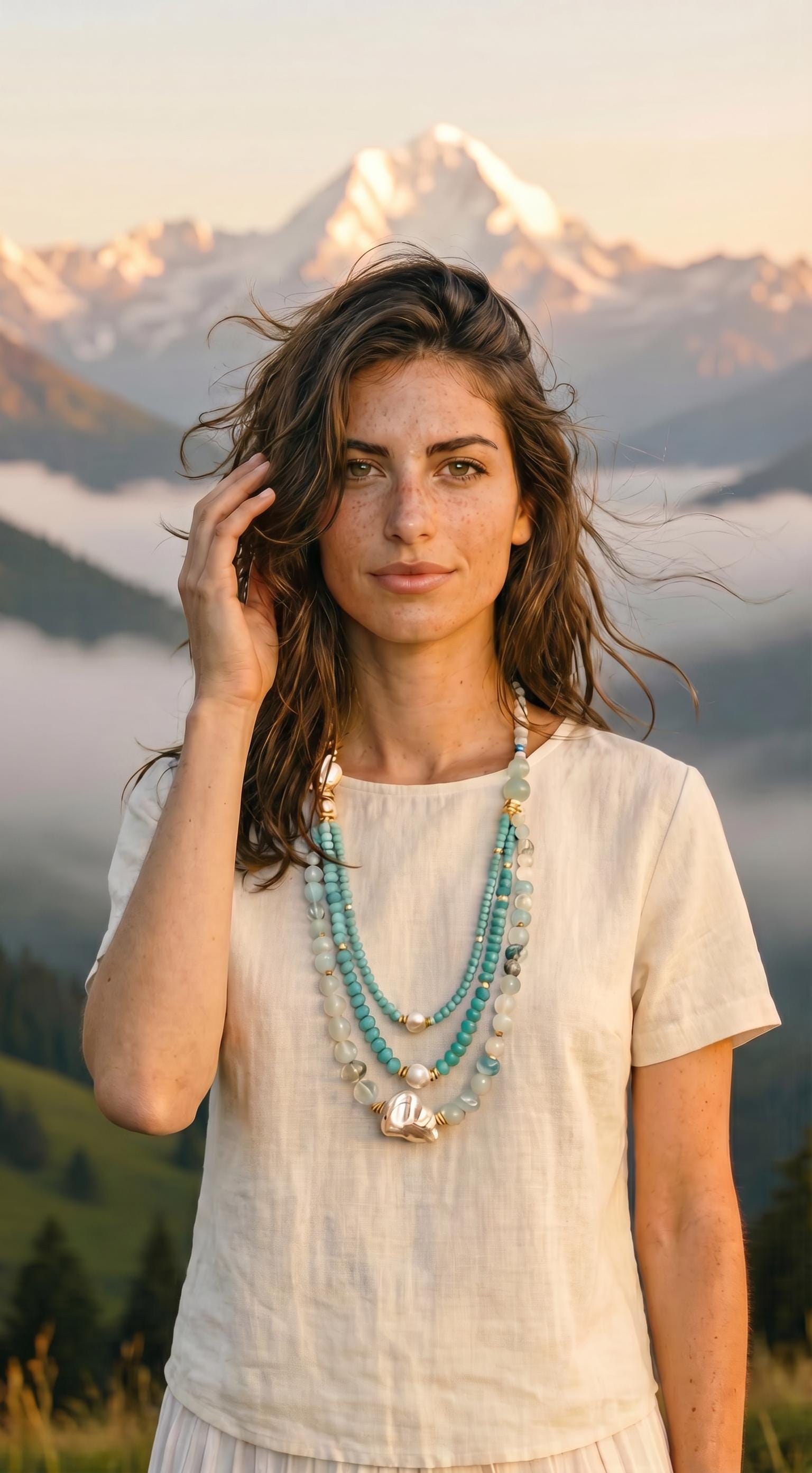 Bohemian Handmade Gold Plated Necklace with Topaz, Aquamarine & Baroque Pearl – Unique Statement Jewelry
