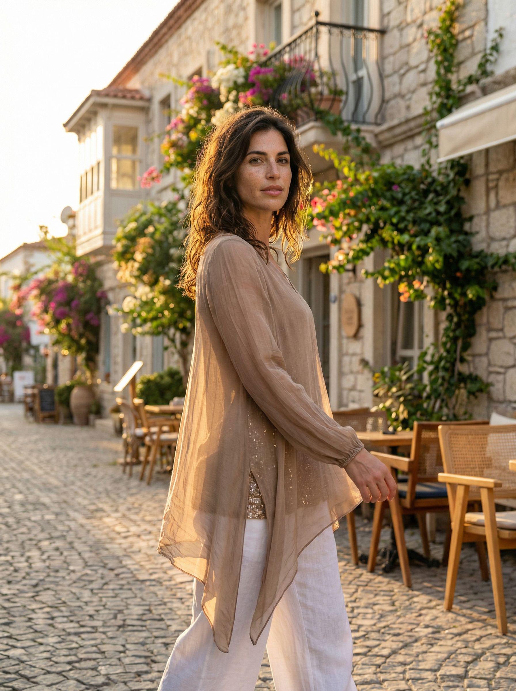 Italian Silk Blend Asymmetrical Sequin Tunic Top, Flowy Drape Evening Shirt