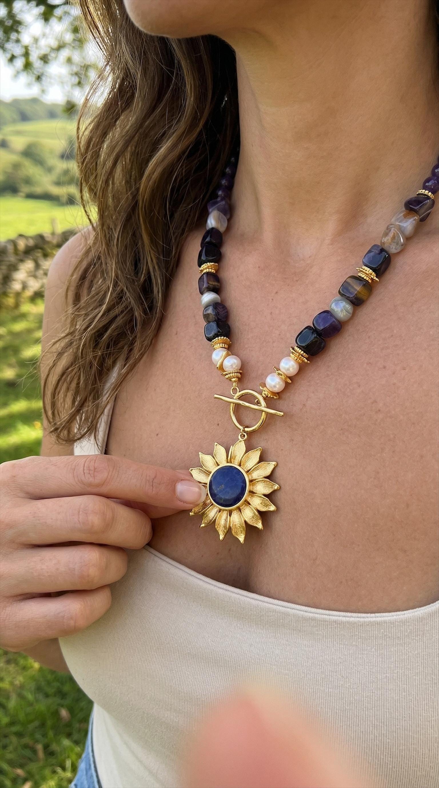 Handmade Gemstone Necklace | Amethyst Pearl Agate Lapis Lazuli Gold Plated Jewelry