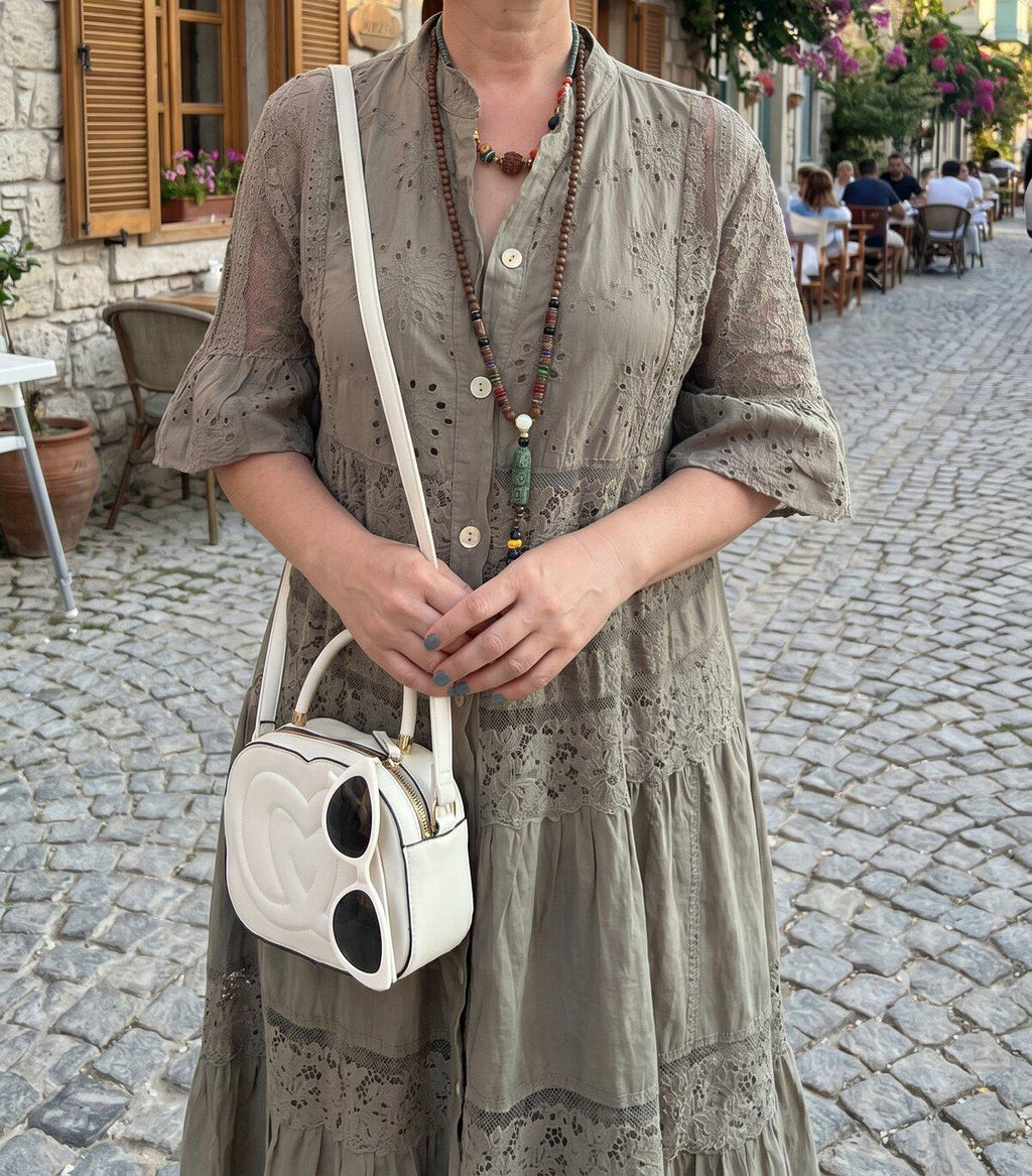 Italian Embroidered Shirt Dress Beige