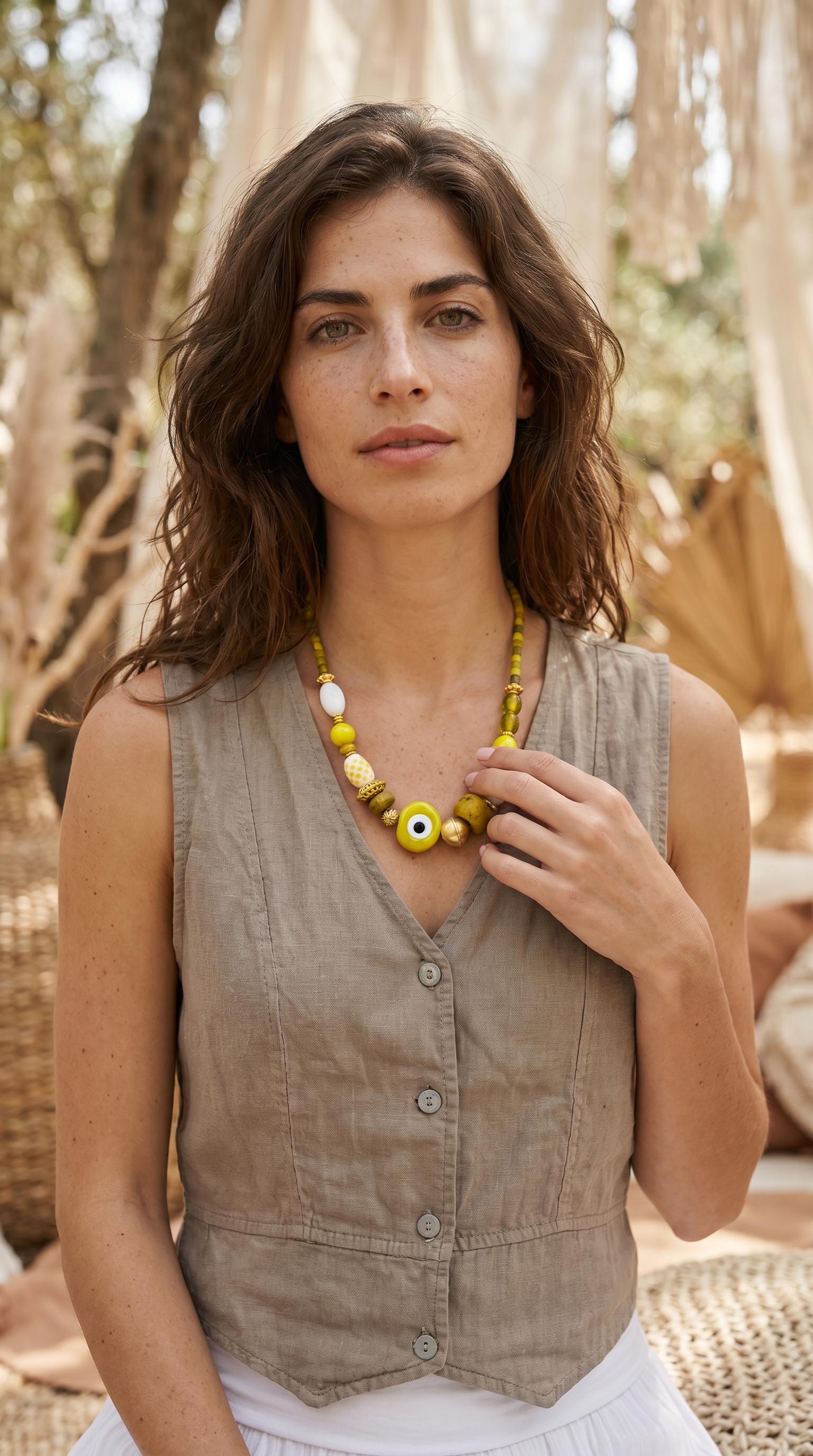 Boho Ethnic Brass & Glass Beaded Necklace – Handmade – Evil Eye Detail