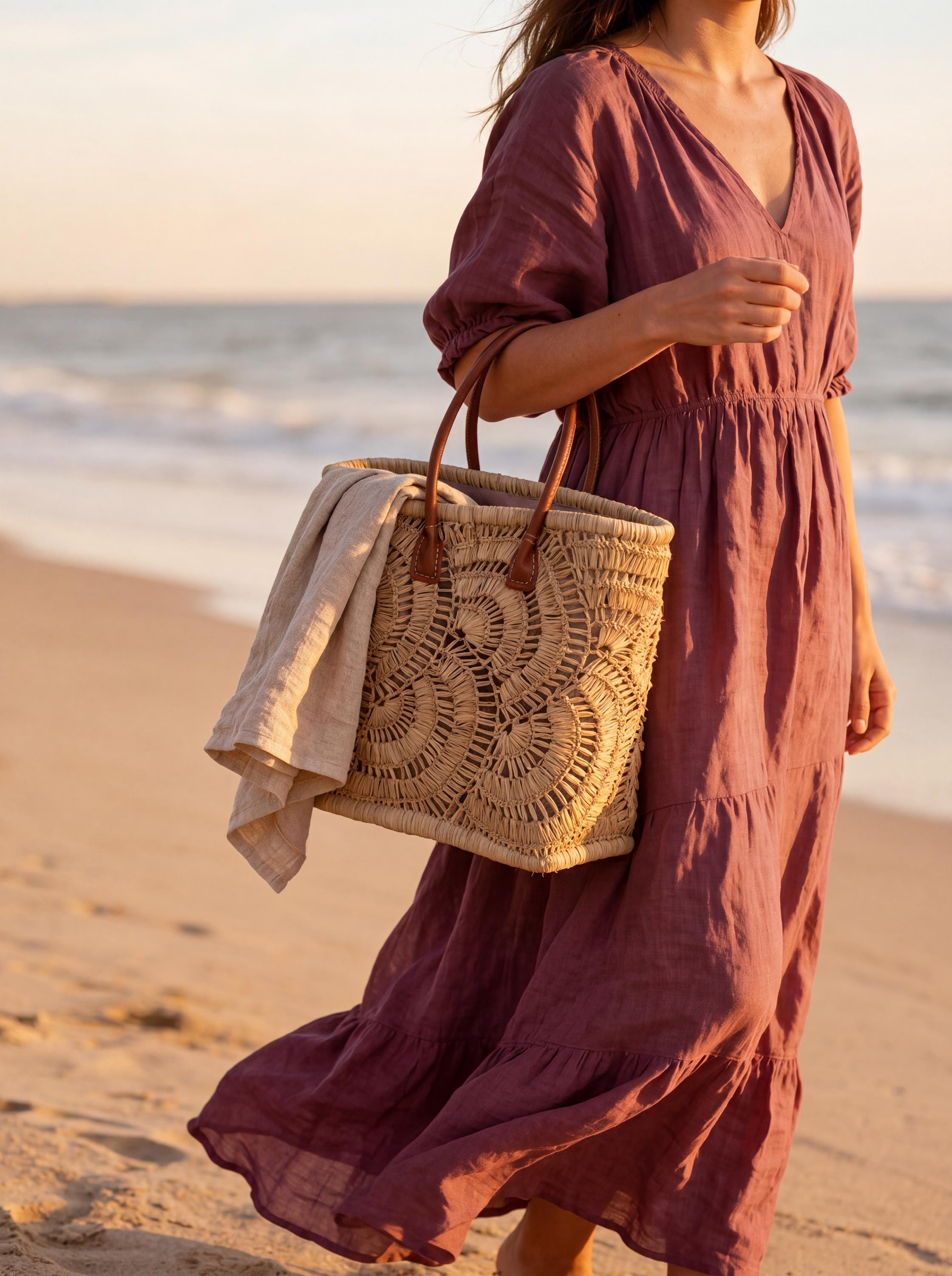 Hand-Crocheted Raffia Tote Bag, Woven Straw Shoulder Bag, Leather Handle Boho Purse