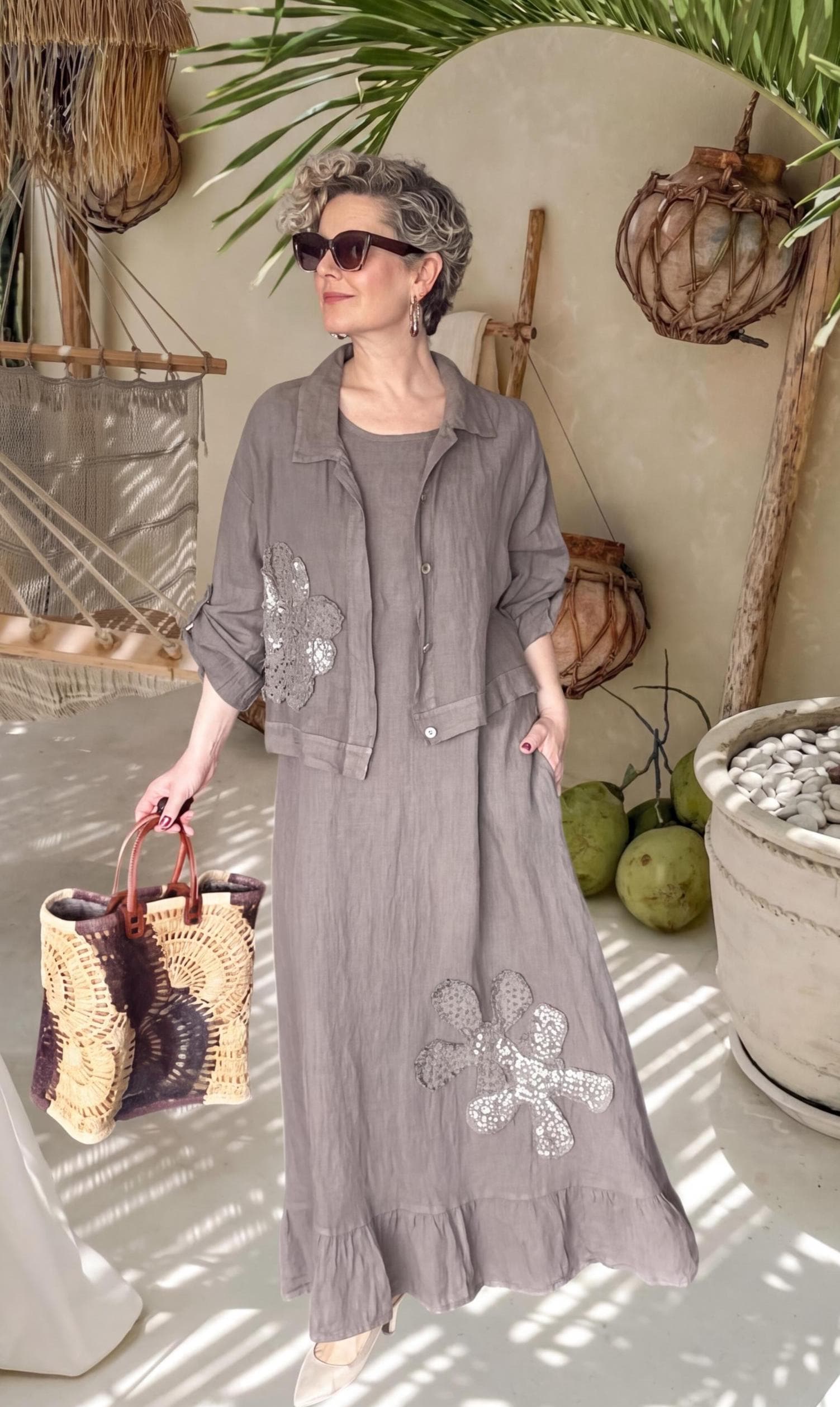 Italian Linen Maxi Dress and Cropped Jacket Set, Daisy Motif Resort Wear