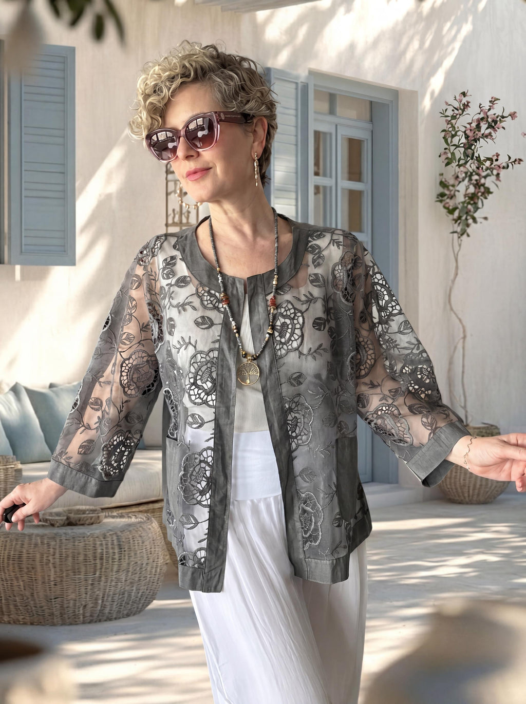 Lunna Italian Lace Embroidered Jacket Indigo, Oversized Cotton Boho Jacket, Chic Lightweight Summer Layer
