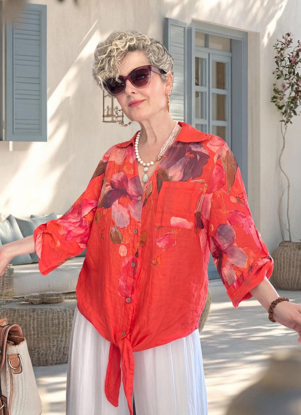 Made in Italy Floral Linen Tie Front Blouse, Oversized Boho Summer Shirt