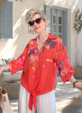 Made in Italy Floral Linen Tie Front Blouse, Oversized Boho Summer Shirt