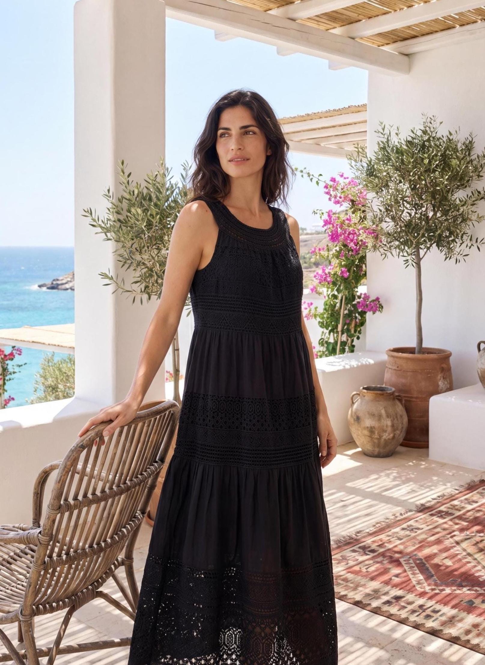 Italian Cotton Lace Midi Dress for Women, Boho Romantic Cottagecore Summer Dress