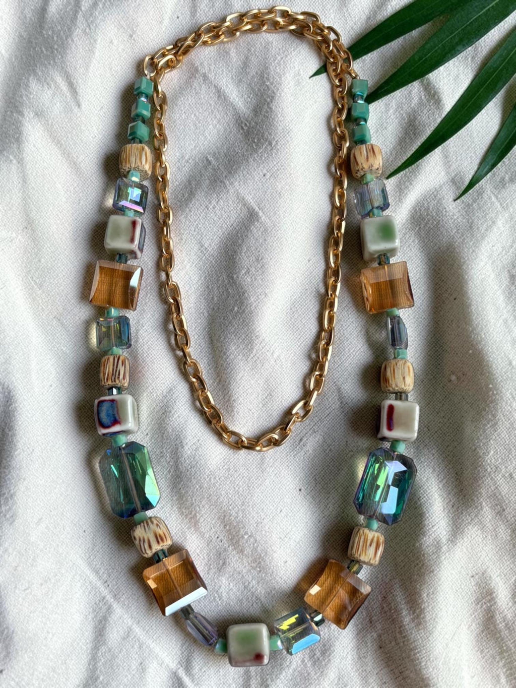 Handmade Prague Glass Stone Necklace, Boho Colorful Statement Jewelry, Artisan Beaded Design