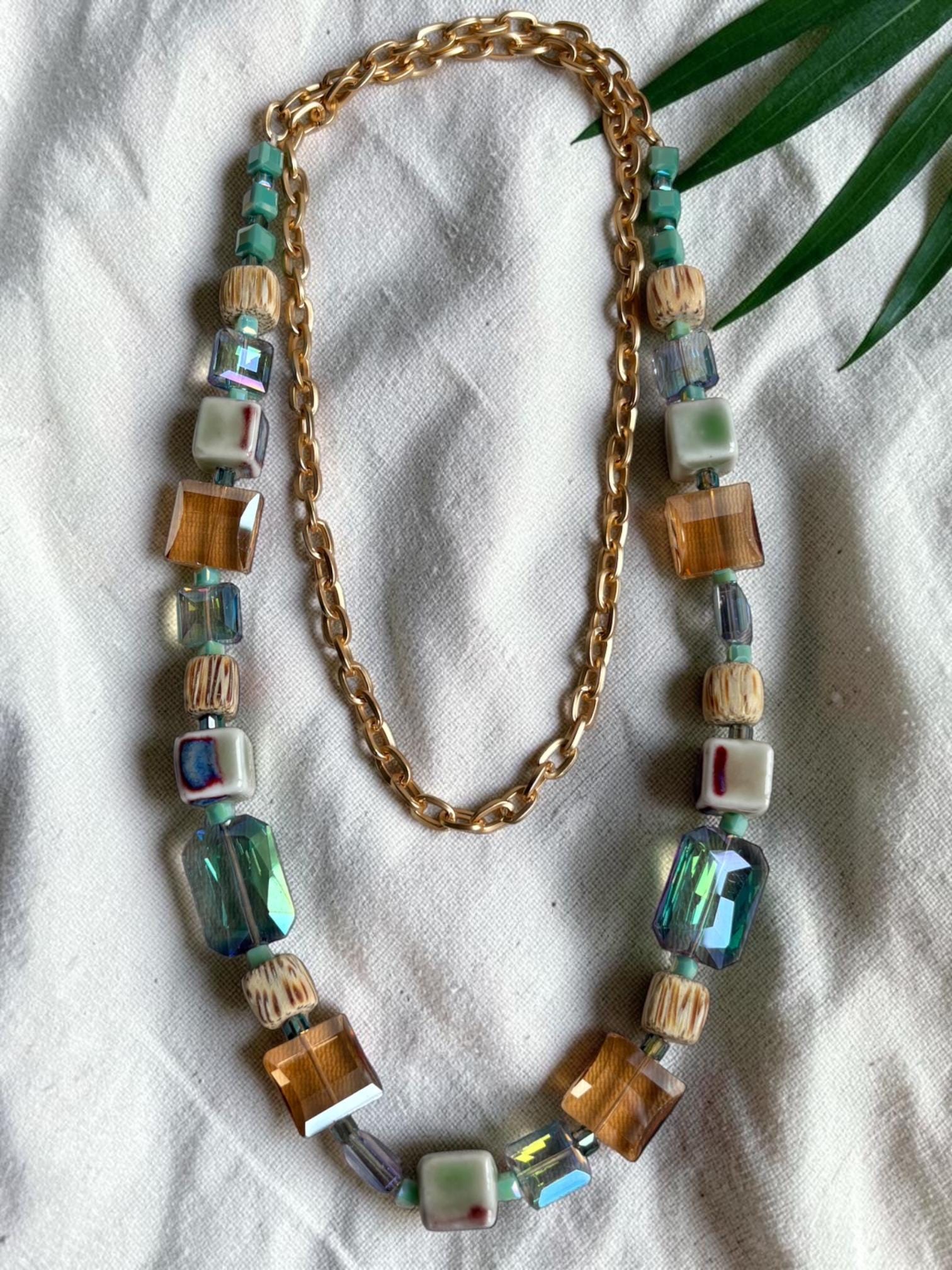 Handmade Prague Glass Stone Necklace, Boho Colorful Statement Jewelry, Artisan Beaded Design