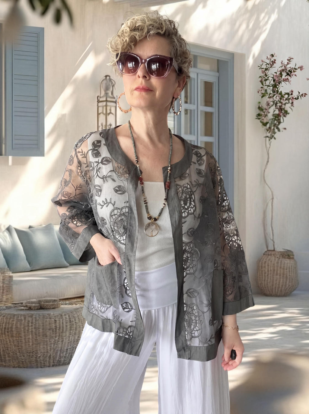 Lunna Italian Lace Embroidered Jacket Indigo, Oversized Cotton Boho Jacket, Chic Lightweight Summer Layer