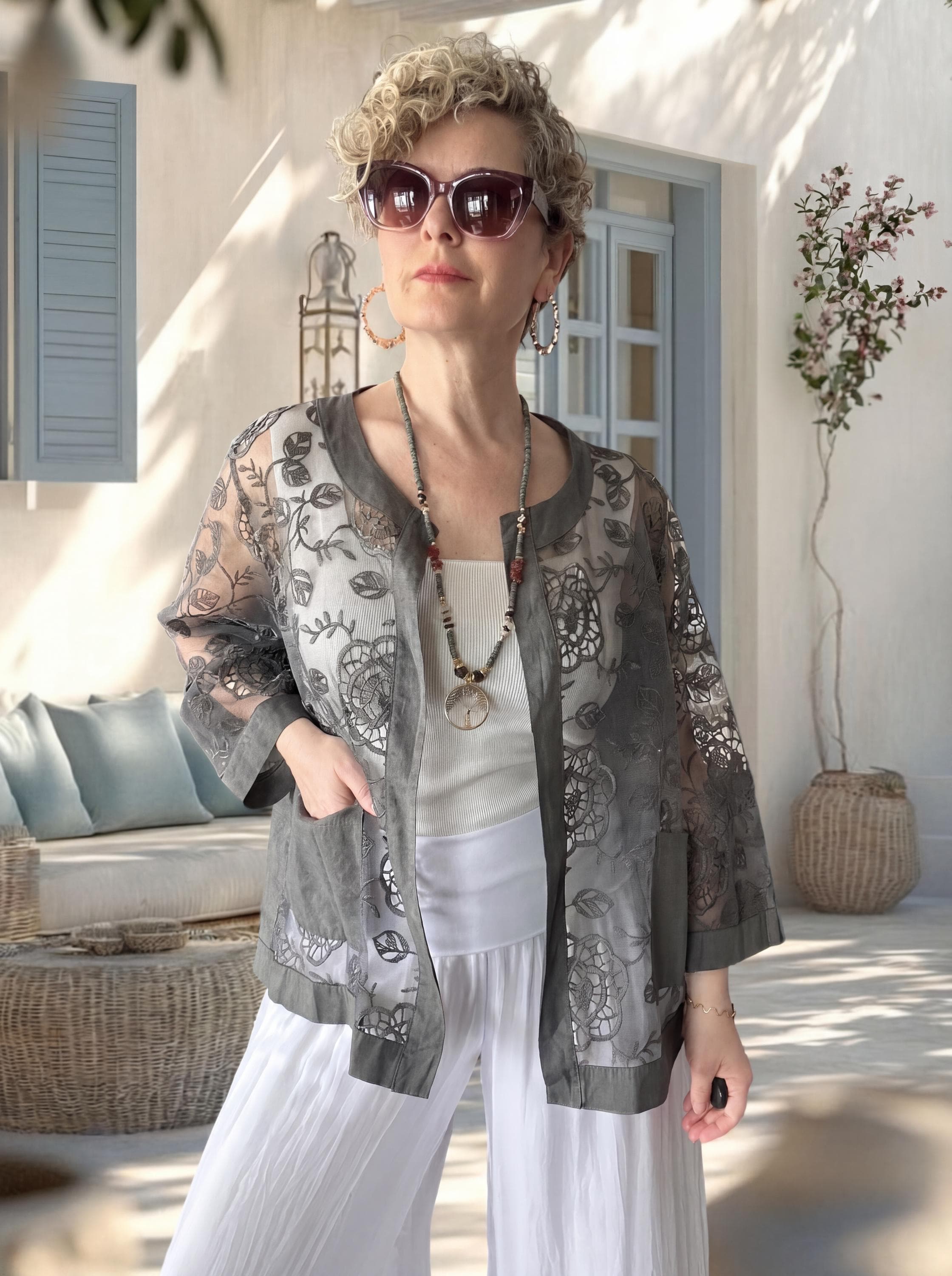 Lunna Italian Lace Embroidered Jacket Indigo, Oversized Cotton Boho Jacket, Chic Lightweight Summer Layer