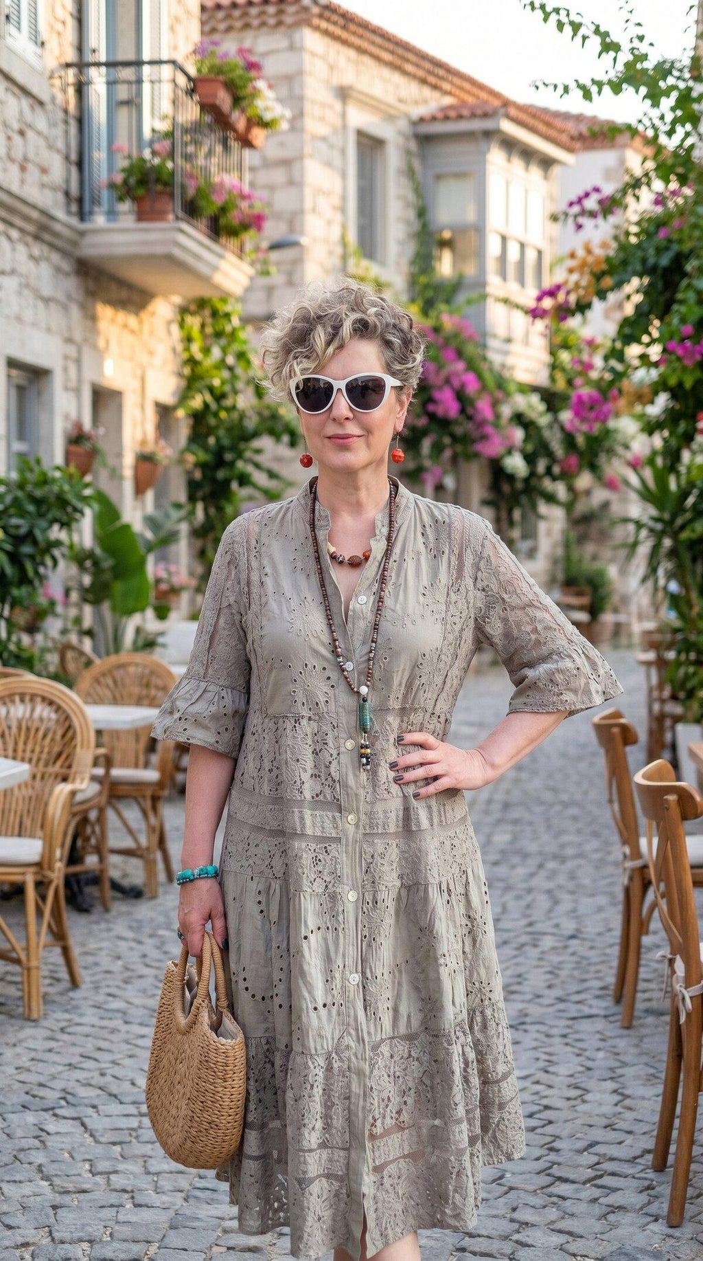 Italian Embroidered Shirt Dress Beige