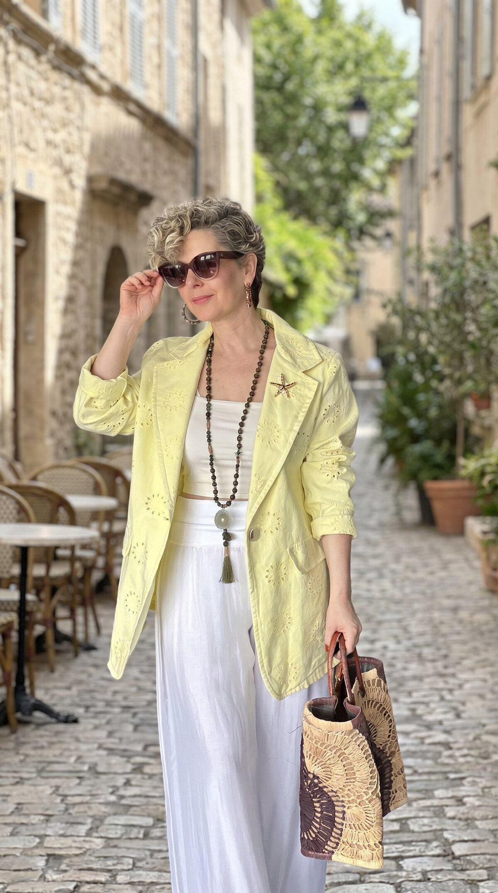 Yellow Cotton Blazer with Broderie Embroidery & Starfish Brooch