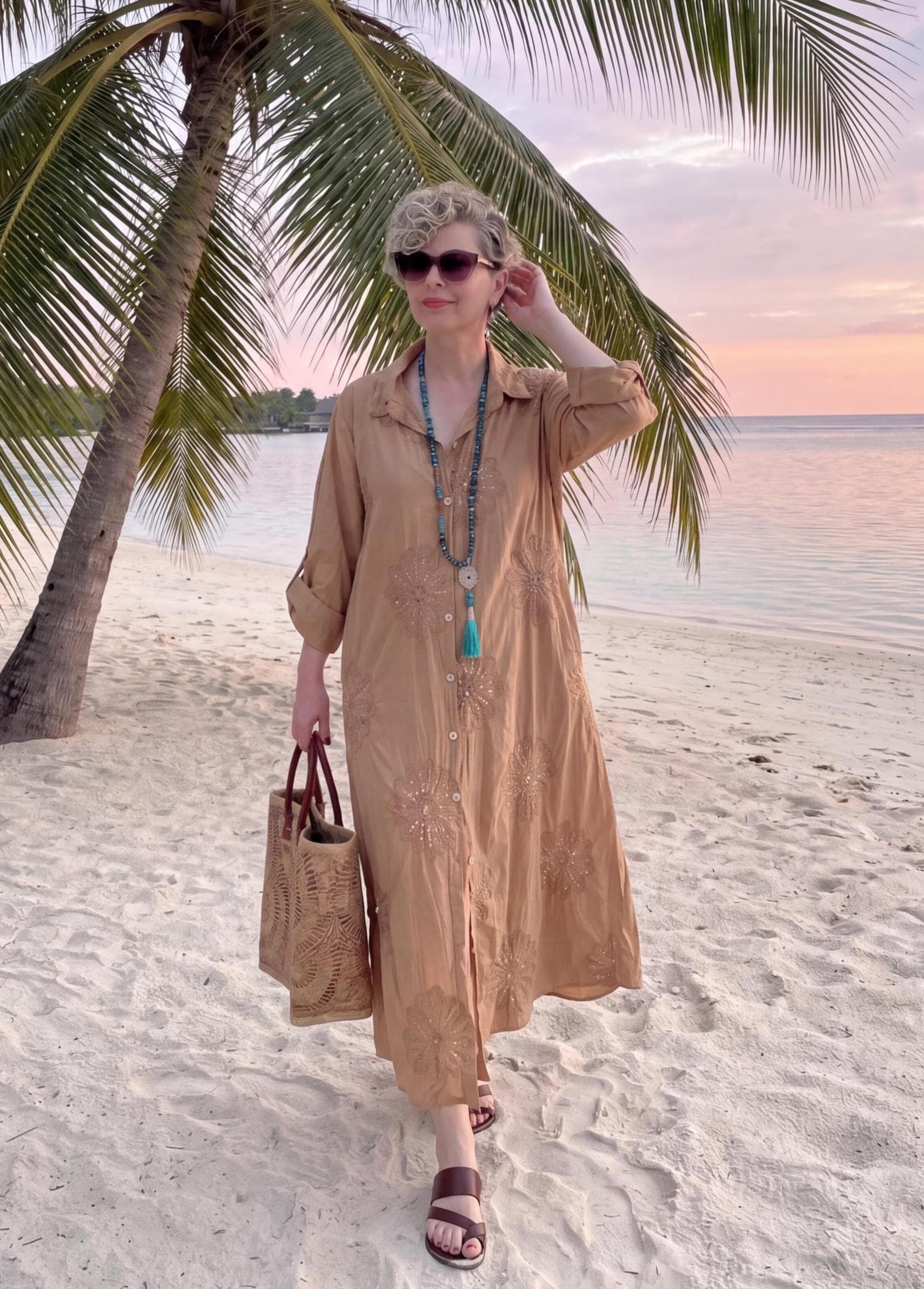 Italian Cotton Sequin Embroidered Shirt Dress, Beach Cover Up Kaftan, Resort Wear