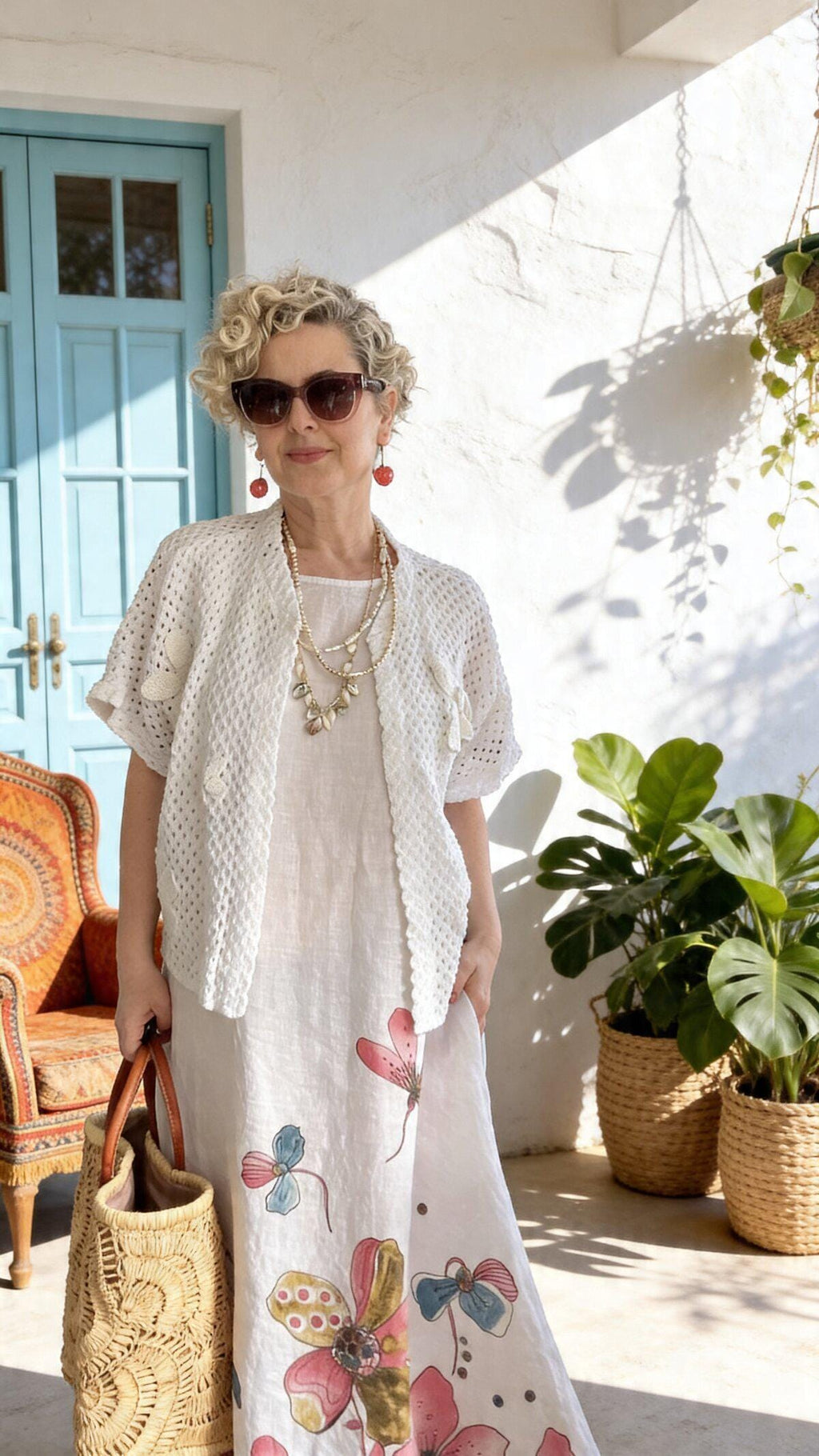 Italian Linen Maxi Dress Set, Cotton Knit Cardigan, Boho Summer Outfit