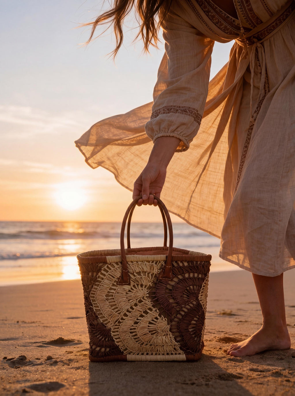 Hand-Crocheted Raffia Tote Bag, Woven Straw Shoulder Bag, Leather Handle Boho Purse