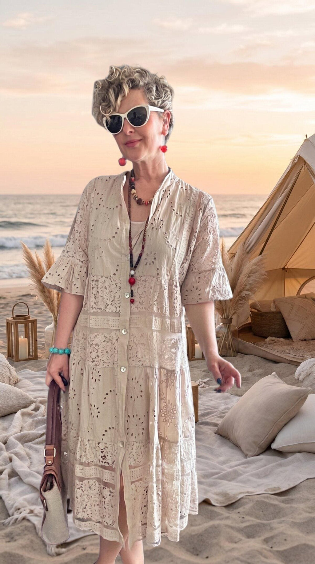 Italian Embroidered Shirt Dress Beige