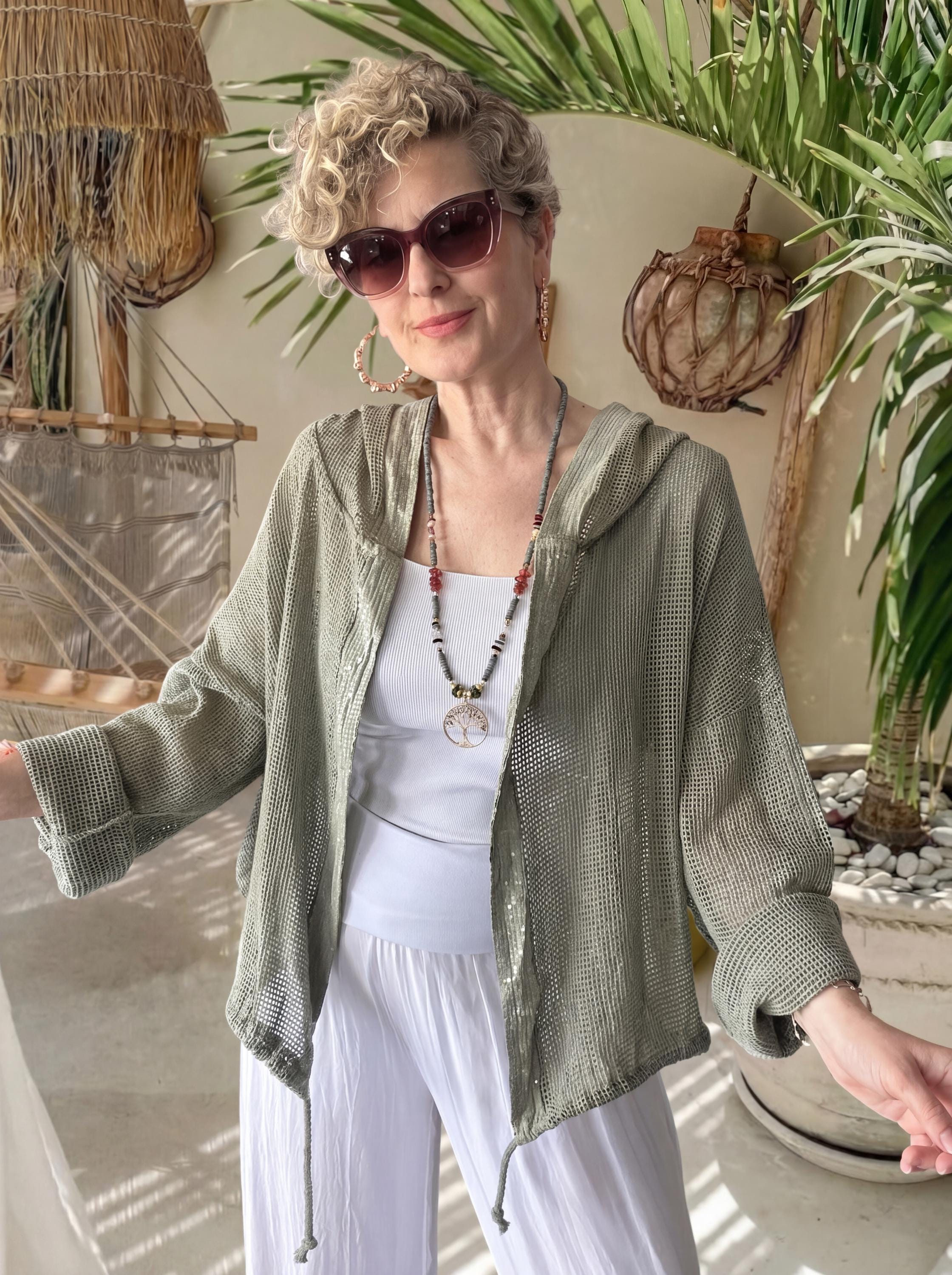 Italian Cotton Hooded Mesh Cardigan, Sequin Trim Open Weave Jacket, Boho Beach Cover Up, Lightweight Summer Kimono, Made in Italy