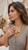 Boho Ethnic Brass & Glass Beaded Necklace – Handmade – Evil Eye Detail