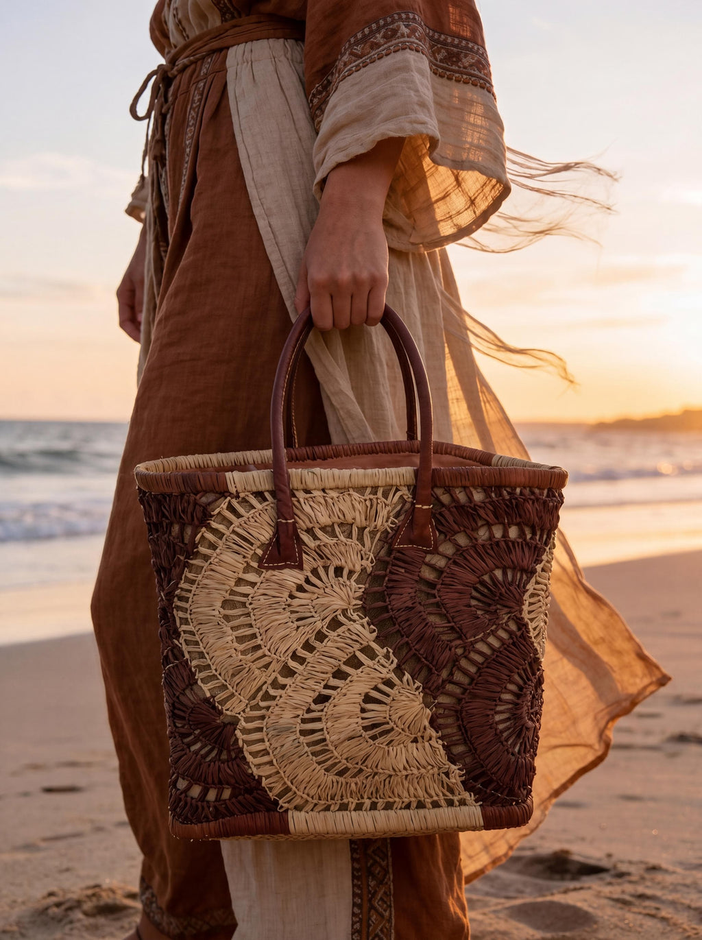 Hand-Crocheted Raffia Tote Bag, Woven Straw Shoulder Bag, Leather Handle Boho Purse